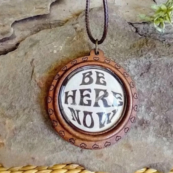 BE HERE NOW Ram Dass Quote Handmade Pendant, Necklace, Wood and Leather, NWOT - Picture 1 of 9